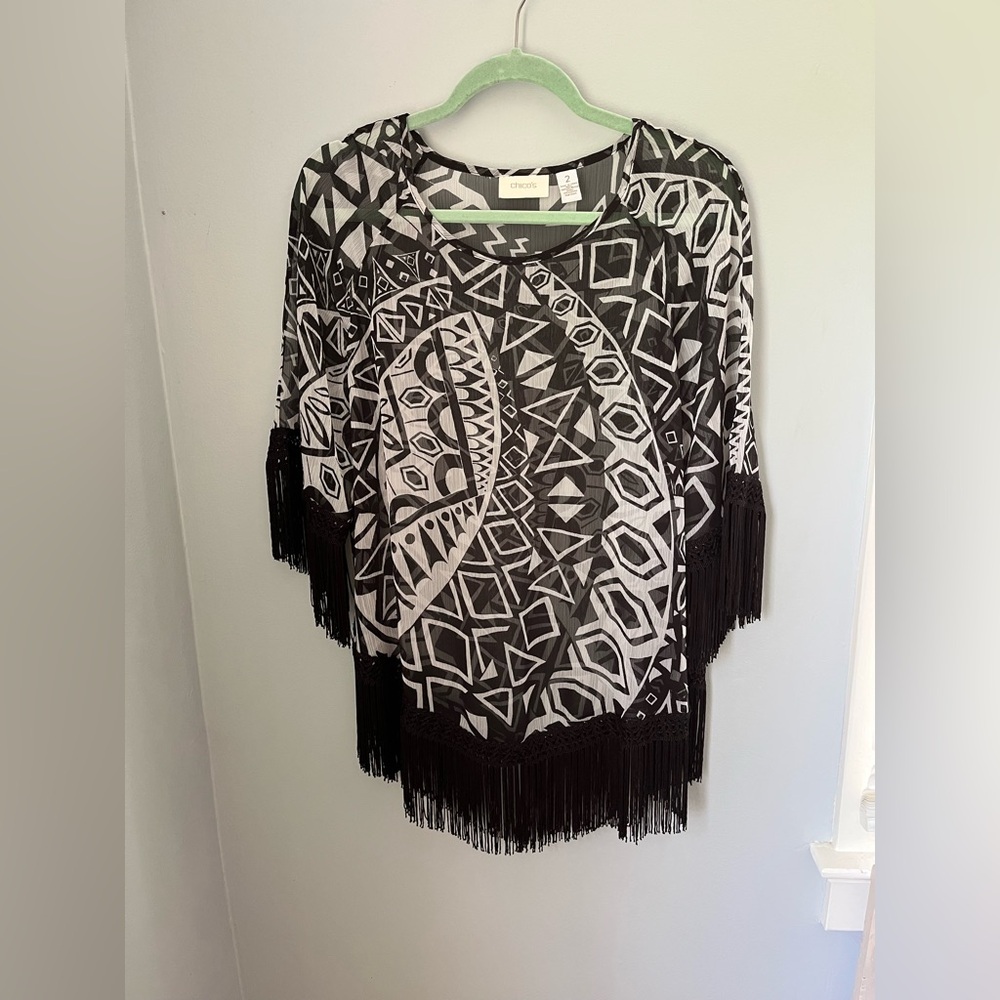 Chico's Black and White Geometric Fringe Blouse